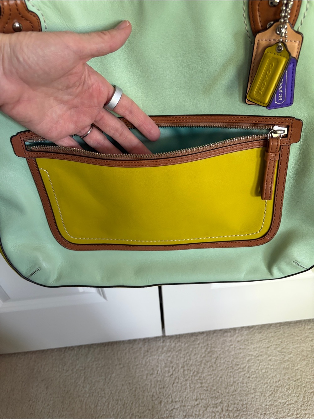 RARE Coach Hallie color block shoulder bag in aqua blue and lime green - Picture 6 of 16